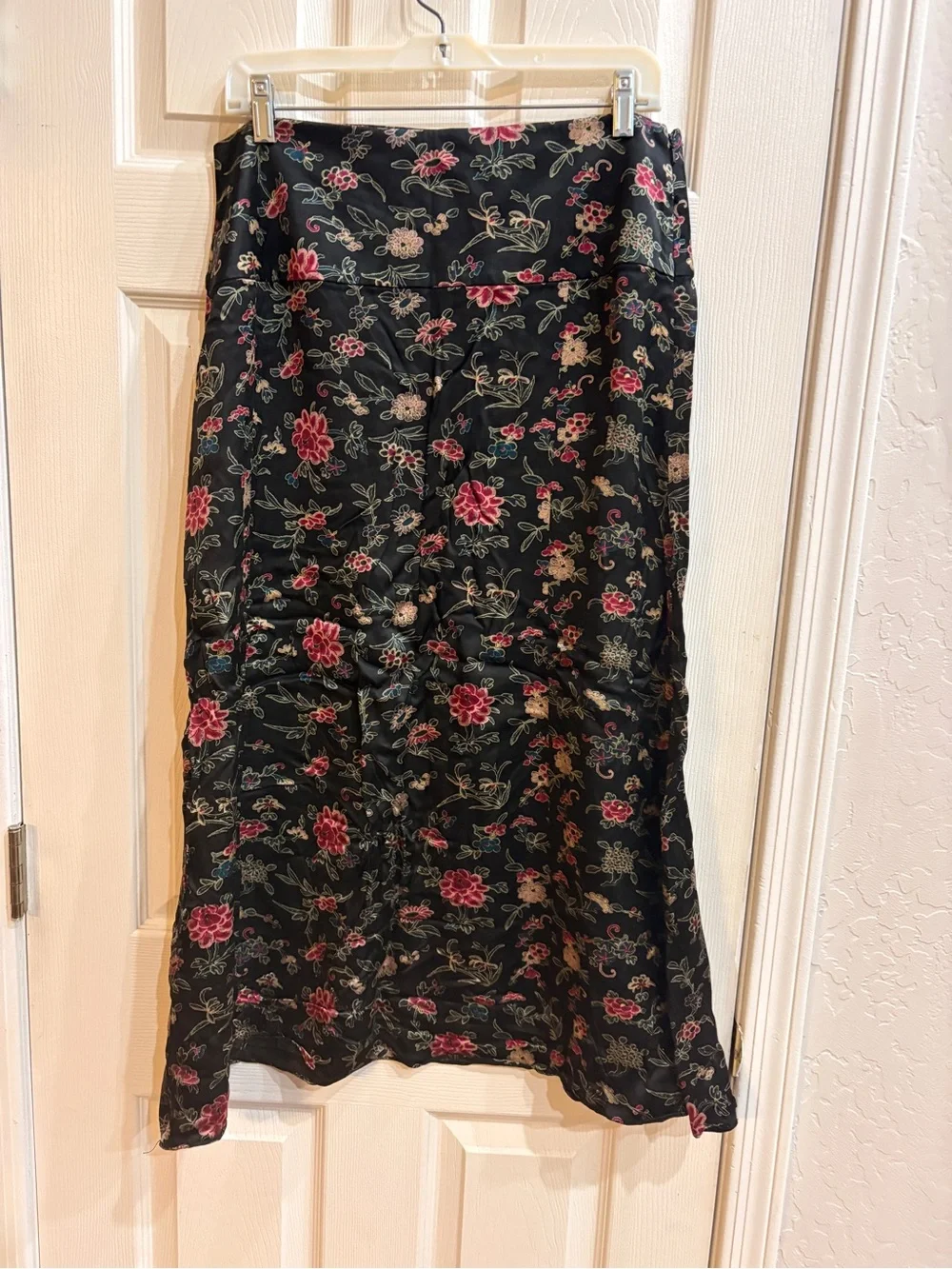 Black Floral Midi Silk Skirt with Pink Accents